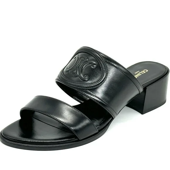 CELINE Appoline Lambskin Leather 40 Mule Slide Sandals Heels Triomphe Logo - Picture 2 of 13